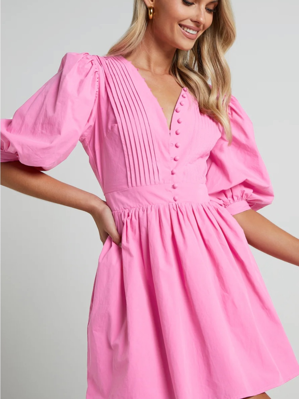 Showpo Pink V-Neck Pintuck Puff Sleeve Mini Dress